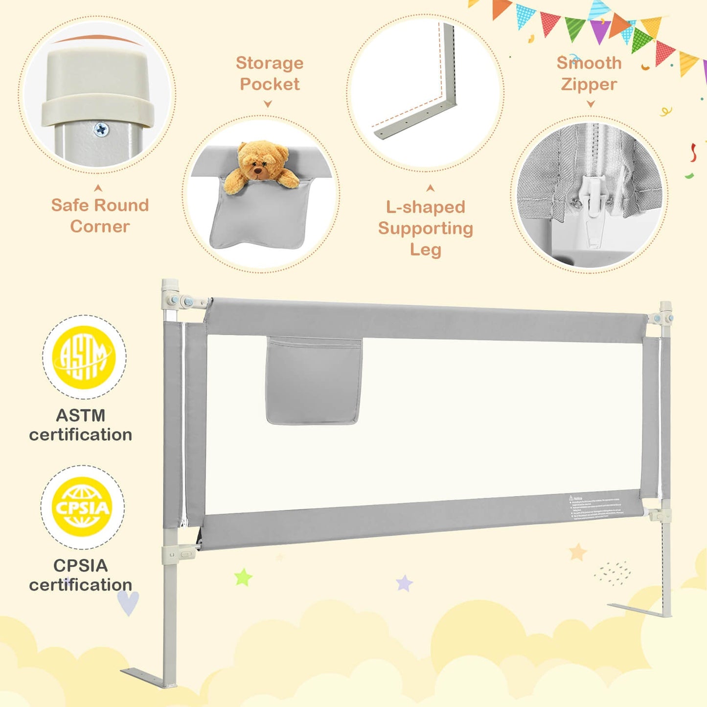 76.8 Inch Baby Bed Rail with Double Safety Child Lock, gray fabric with storage pocket on Tampa Home & Garden Store