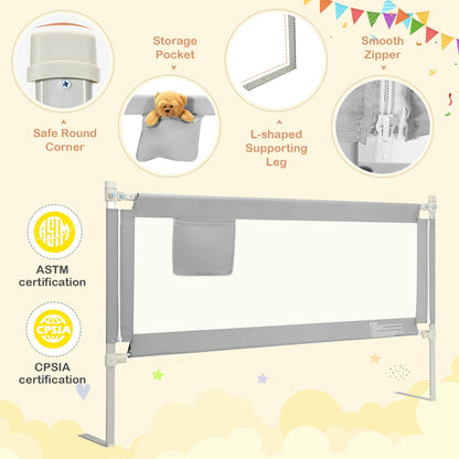 76.8 Inch Baby Bed Rail with Double Safety Child Lock, gray fabric with storage pocket on Tampa Home & Garden Store