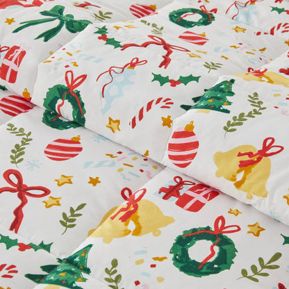 Reversible Christmas Comforter & Sham Set by Great Bay Home white quilt with red bows and holly on Tampa Home & Garden Store