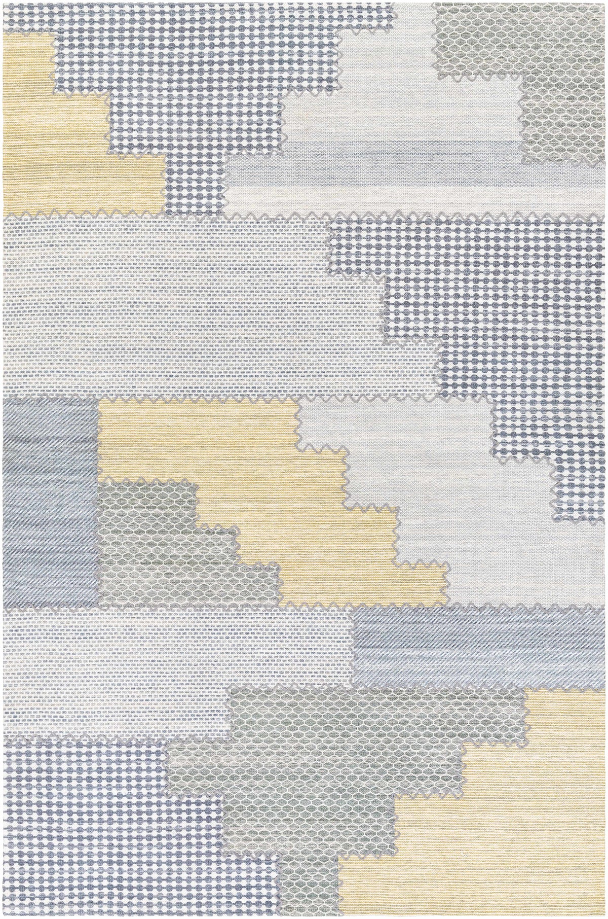 Bishopton blue/yellow patchwork viscose rug with blue gray beige blocks on Tampa Home & Garden Store