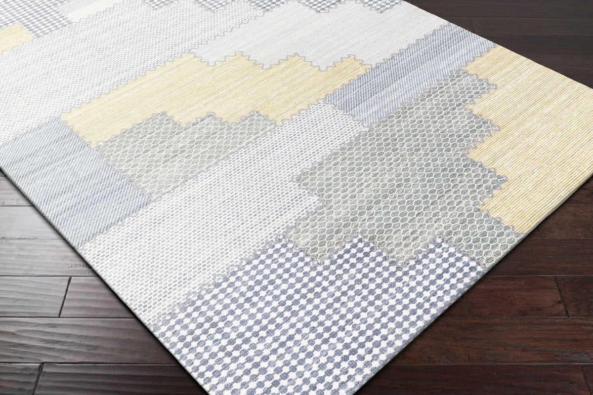 Bishopton blue yellow patchwork viscose rug clearance on Tampa Home & Garden Store