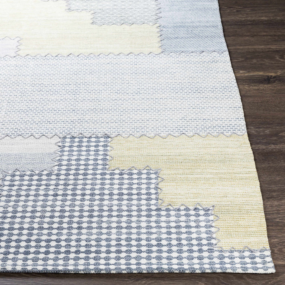 Bishopton blue yellow patchwork viscose rug by Boutique Rugs, panels with zigzag edges on Tampa Home & Garden Store