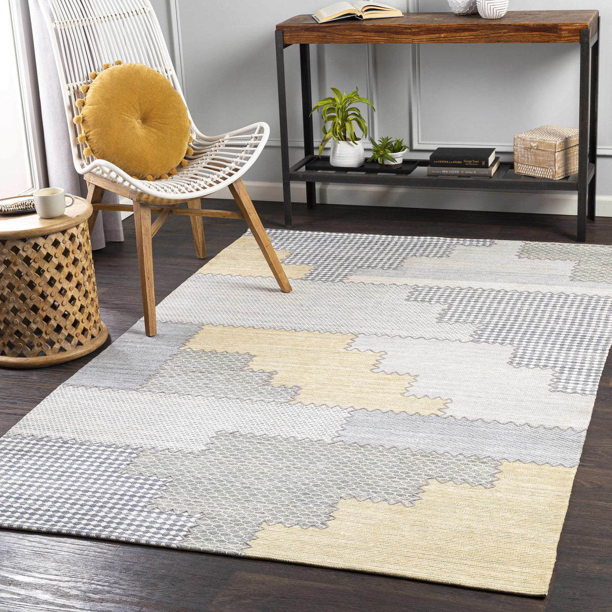 Bishopton blue/yellow patchwork viscose rug by Boutique Rugs, clearance on Tampa Home & Garden Store