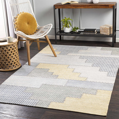 Bishopton blue/yellow patchwork viscose rug by Boutique Rugs, clearance on Tampa Home & Garden Store