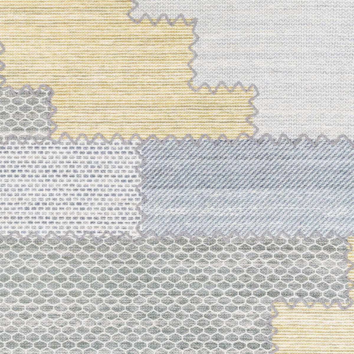 Bishopton Blue/Yellow Patchwork Viscose Rug by Boutique Rugs; blue gray and yellow patchwork blocks on Tampa Home & Garden Store