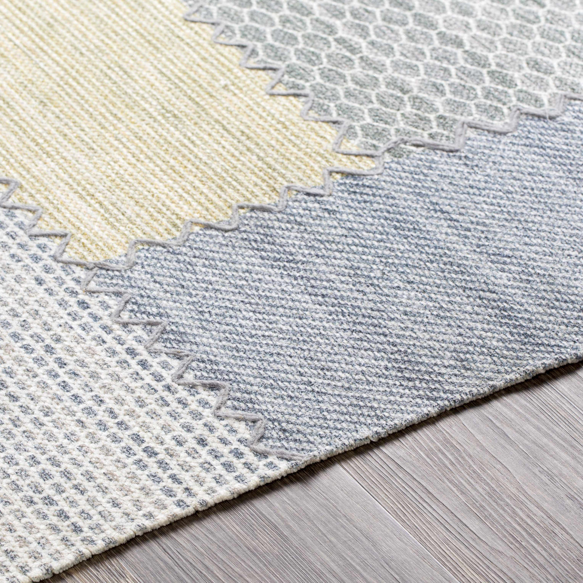 Bishopton blue yellow patchwork viscose rug by Boutique Rugs, clearance, patchwork rug on Tampa Home & Garden Store