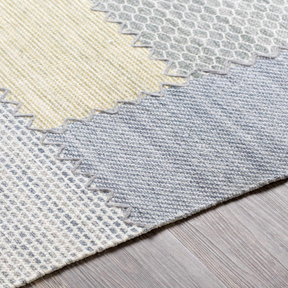 Bishopton blue yellow patchwork viscose rug by Boutique Rugs, clearance, patchwork rug on Tampa Home & Garden Store