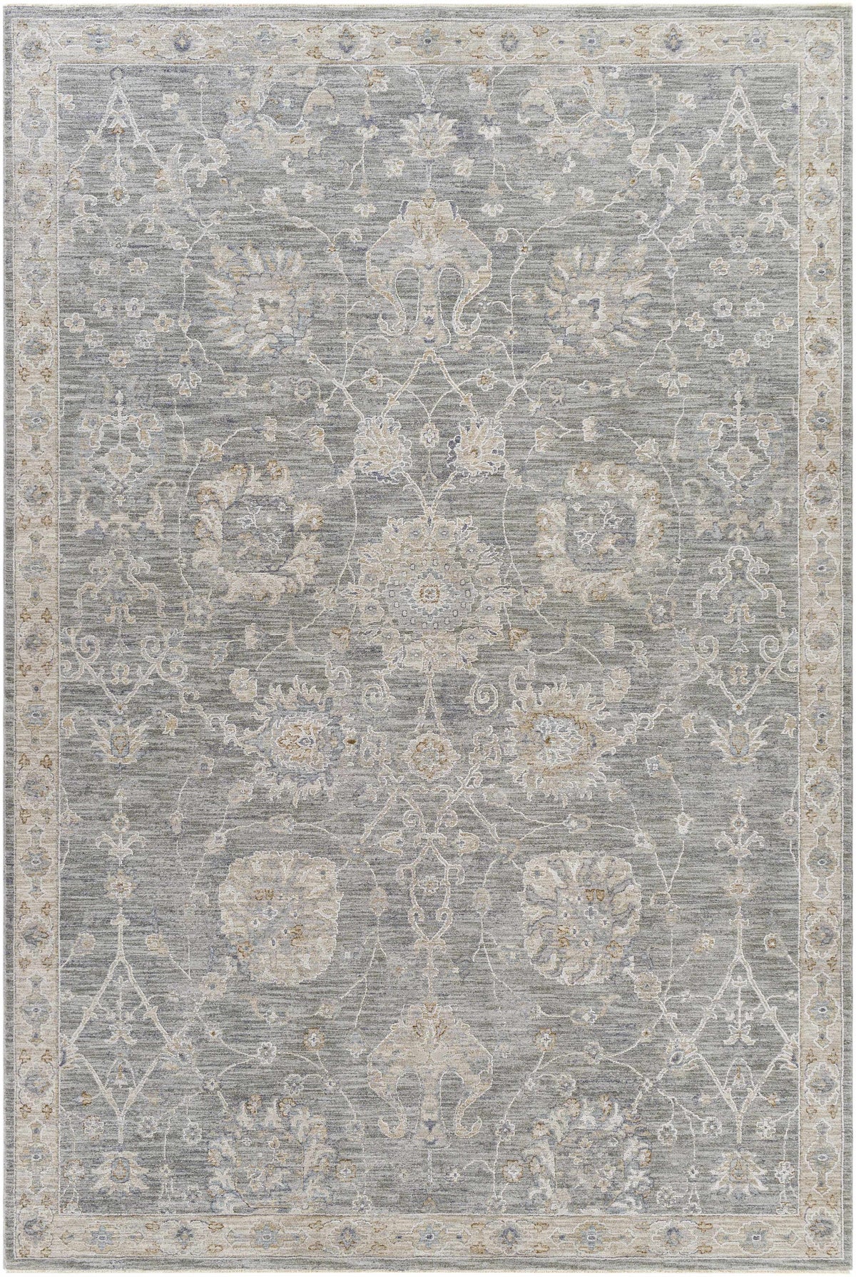 Monterey Gray Thick Luxe Persian Rug, ivory floral medallion with subtle border on Tampa Home & Garden Store