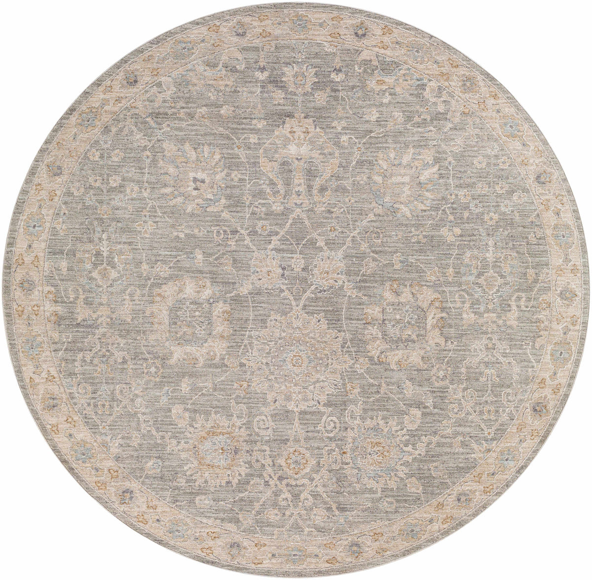 Monterey Gray Thick Luxe Persian Rug, round gray rug with ivory motif, Boutique Rugs on Tampa Home & Garden Store