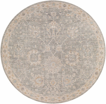 Monterey Gray Thick Luxe Persian Rug, round gray rug with ivory motif, Boutique Rugs on Tampa Home & Garden Store