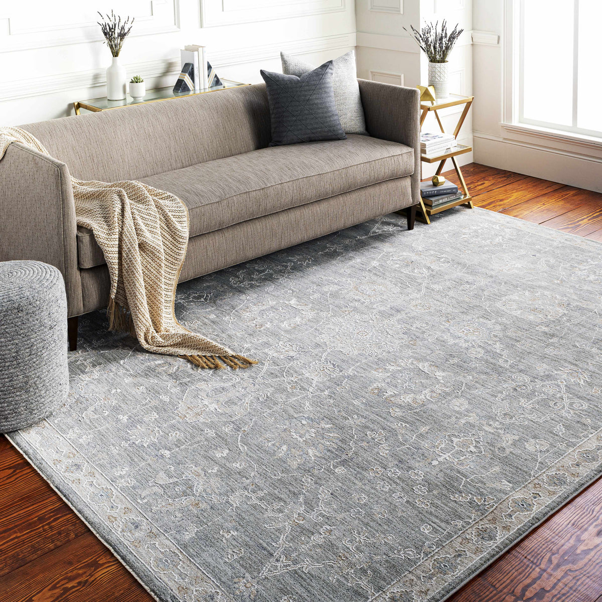 Monterey Gray Thick Luxe Persian Rug in a modern living room with plush pile on Tampa Home & Garden Store