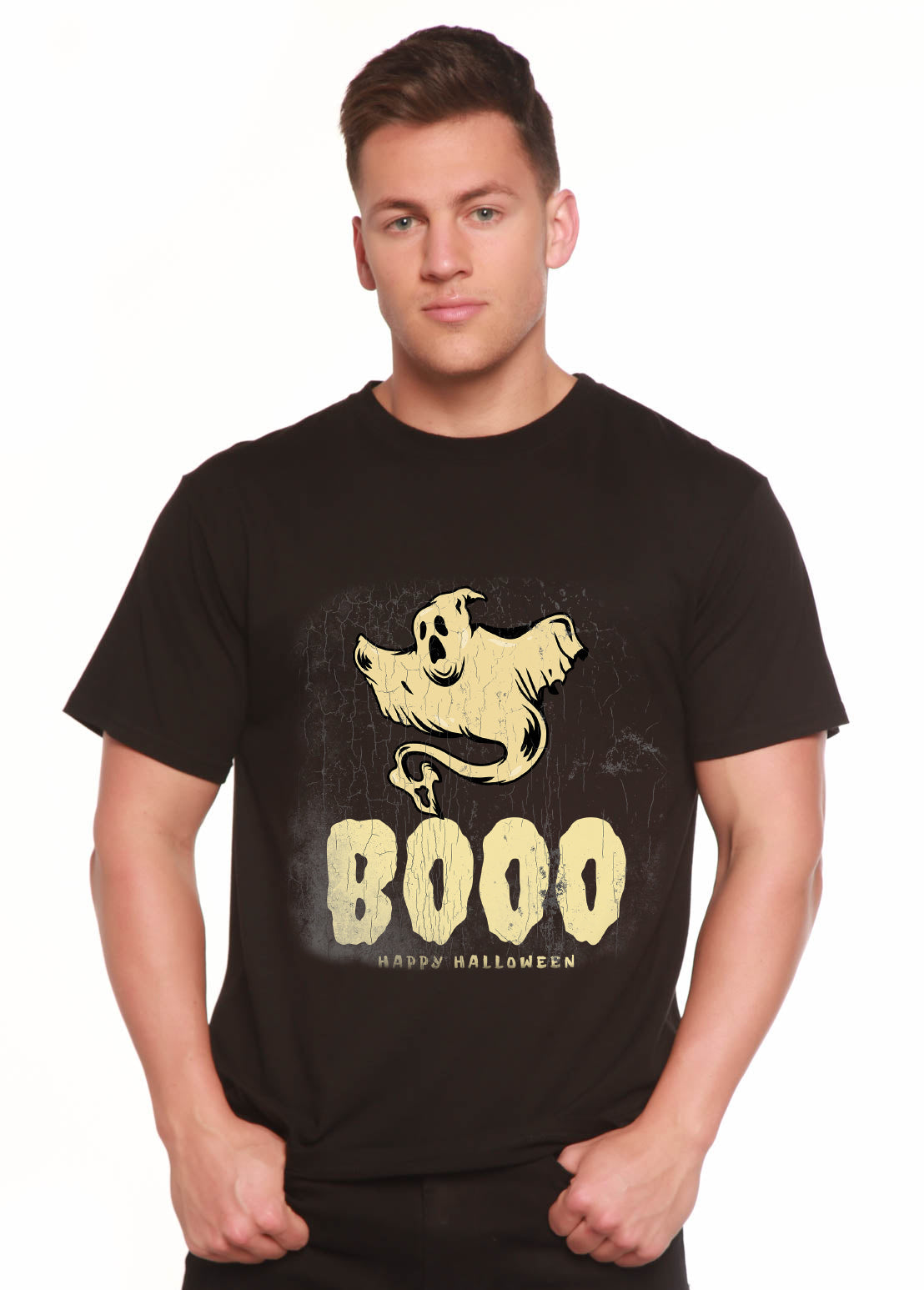 Men's black graphic t-shirt by Spun Bamboo with beige ghost and BOOO text for Halloween on Tampa Home & Garden Store