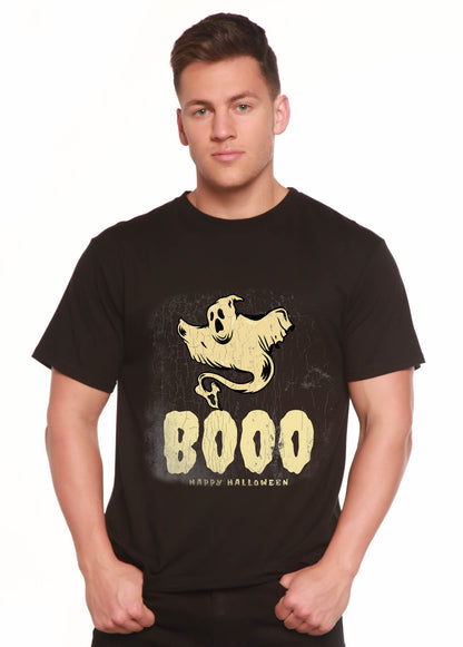 Men's black graphic t-shirt by Spun Bamboo with beige ghost and BOOO text for Halloween on Tampa Home & Garden Store