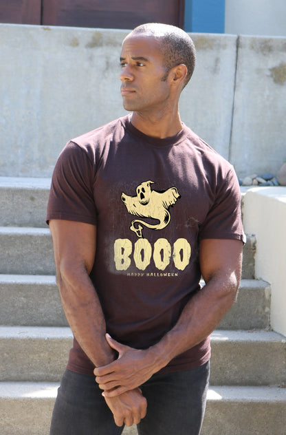 Happy Halloween graphic men's short sleeve t-shirt in brown with beige ghost and Boo text on Tampa Home & Garden Store