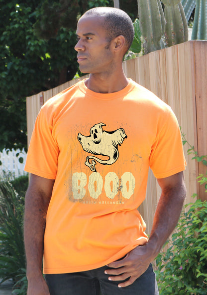 Men's orange Halloween graphic tee with ghost print, bamboo viscose/organic cotton by Spun Bamboo on Tampa Home & Garden Store
