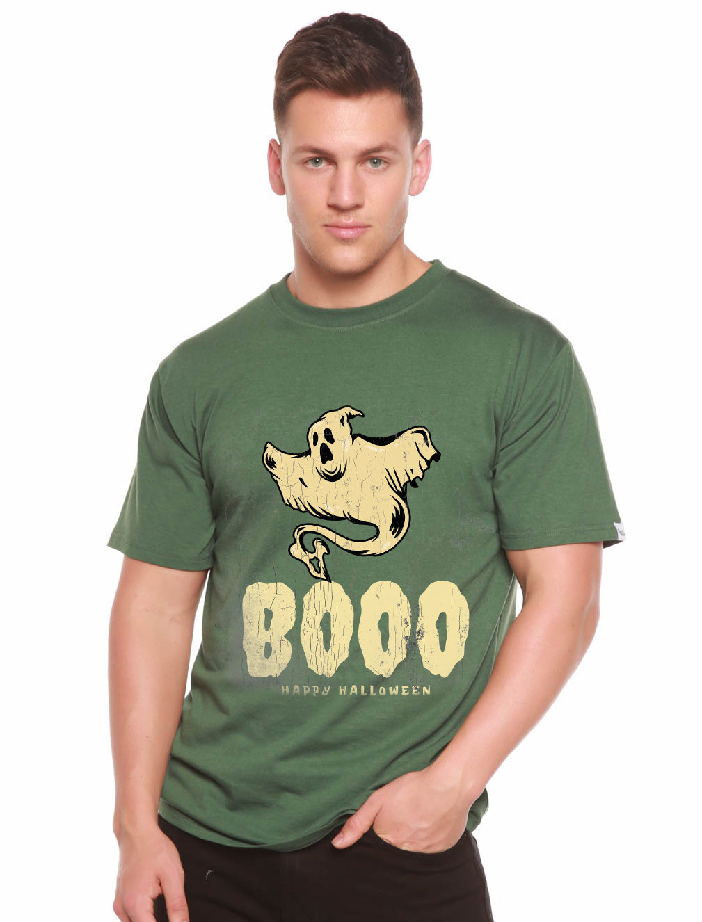 Happy Halloween Men's Bamboo Viscose/Organic Cotton short sleeve T-shirt green ghost BOO on Tampa Home & Garden Store