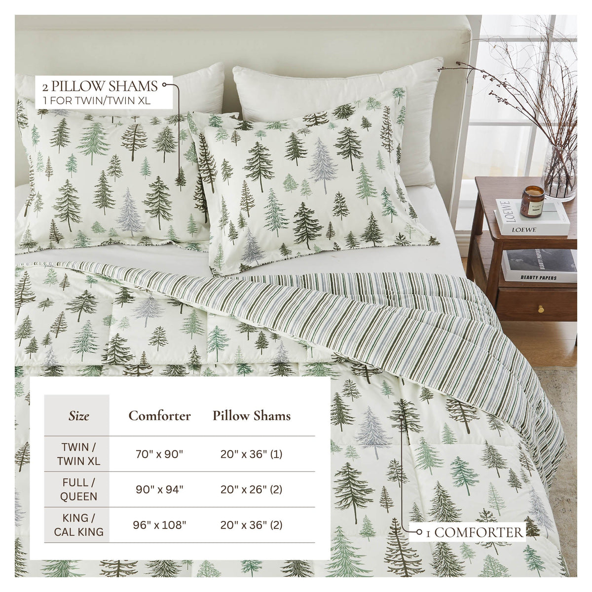 Reversible Christmas comforter set with pine tree print and 2 pillow shams, twin XL Odette on Tampa Home & Garden Store