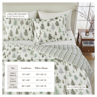 Reversible Christmas comforter set with pine tree print and 2 pillow shams, twin XL Odette on Tampa Home & Garden Store