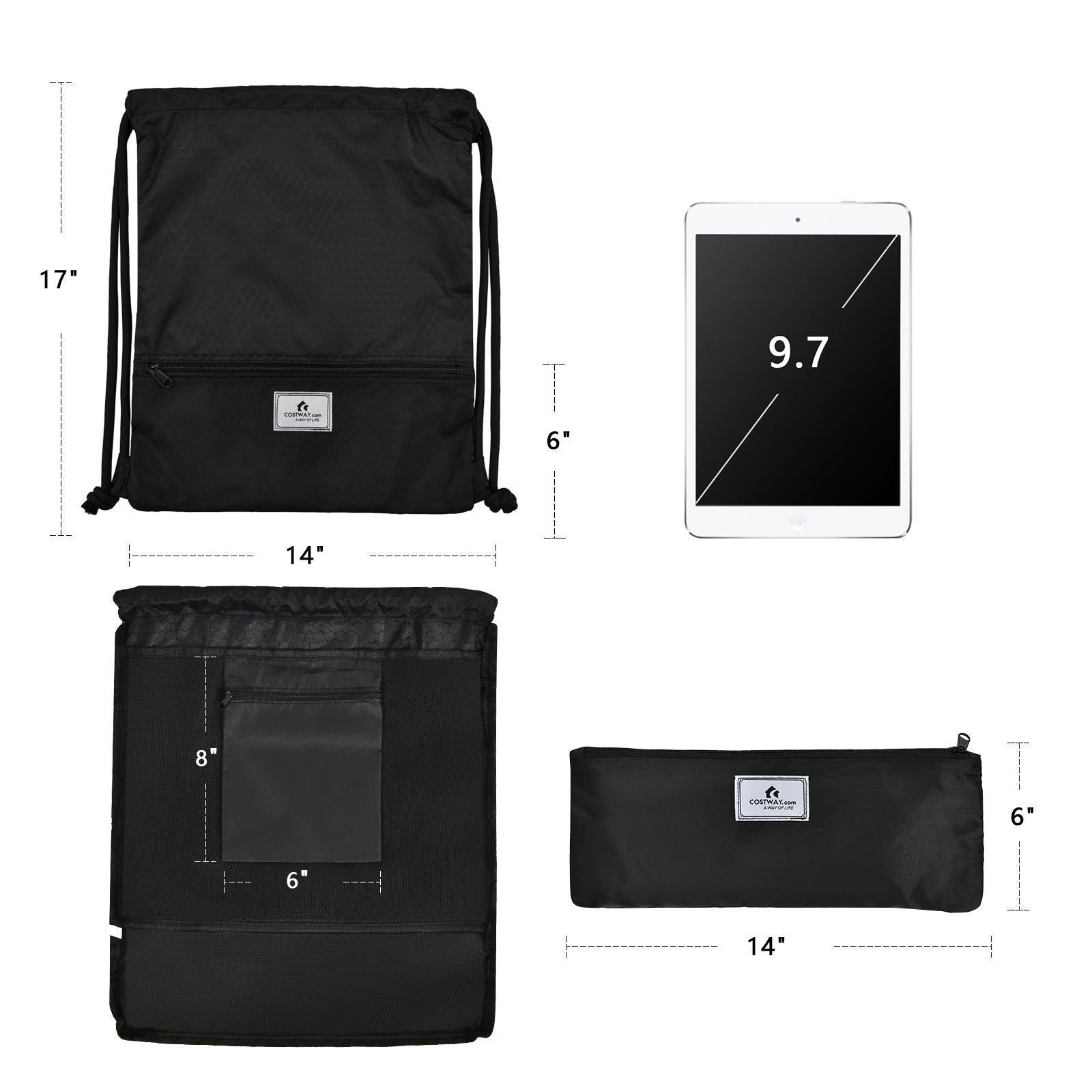 GemGear black drawstring backpack with front zip pocket foldable sports sack 14x17 in on Tampa Home & Garden Store