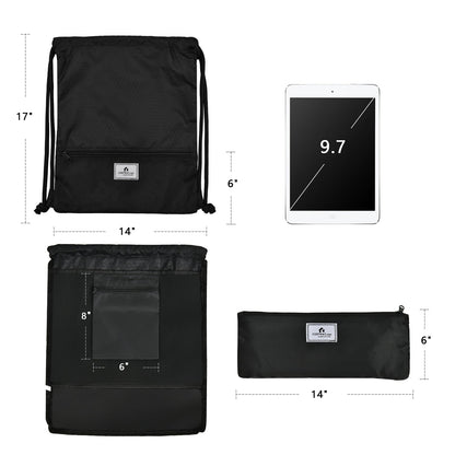 GemGear black drawstring backpack with front zip pocket foldable sports sack 14x17 in on Tampa Home & Garden Store