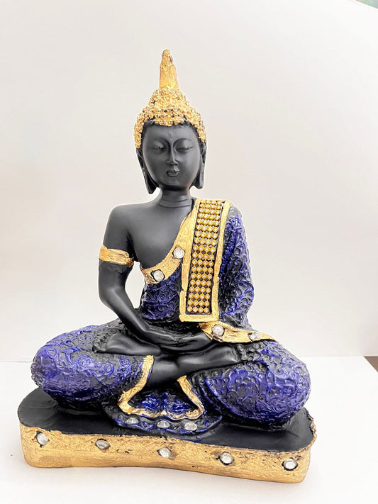 Vibhsa polyresin Buddha idol statue in black with gold crown and purple robe on Tampa Home & Garden Store