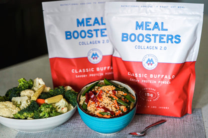 Two Classic Buffalo collagen 2.0 protein powder bags from Meal Boosters with veggie bowls on Tampa Home & Garden Store