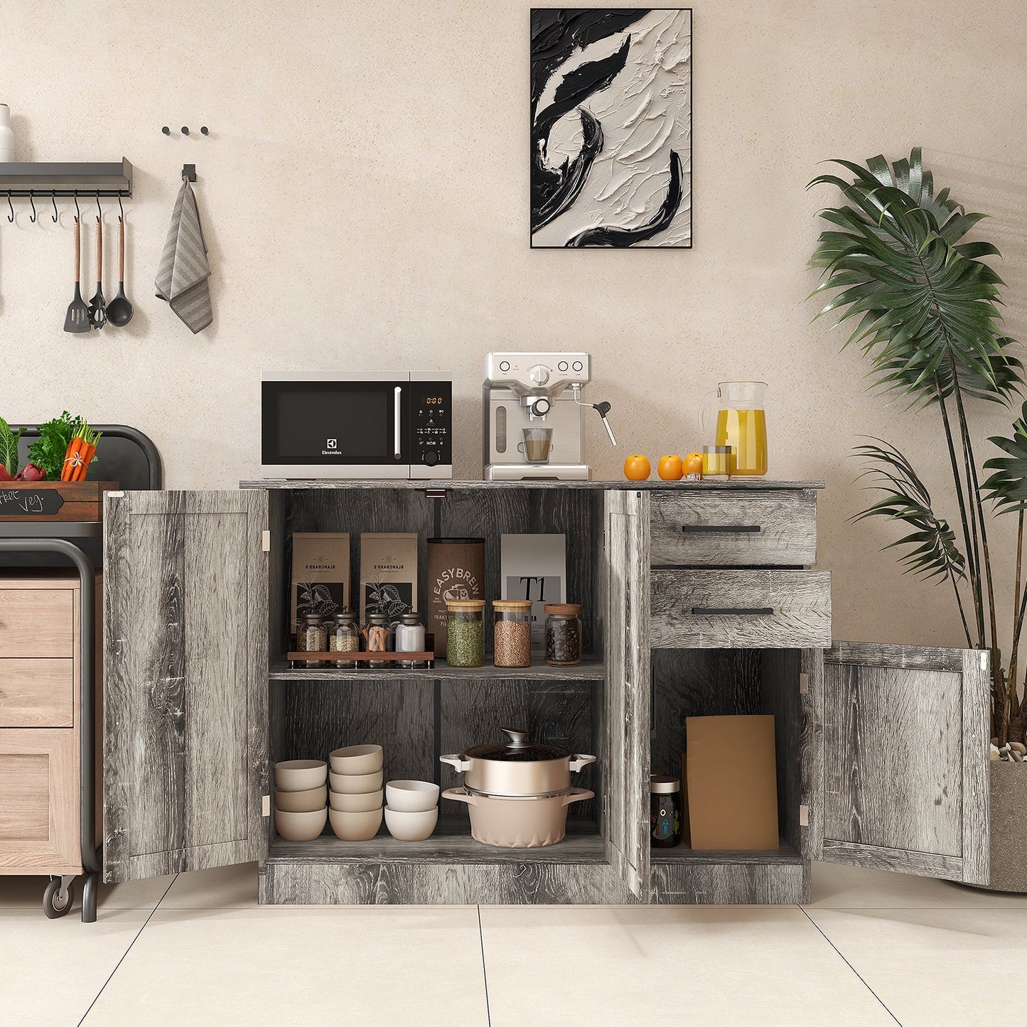 Mueble aparador con almacenamiento tipo buffet y 2 cajones para cocina - Gris