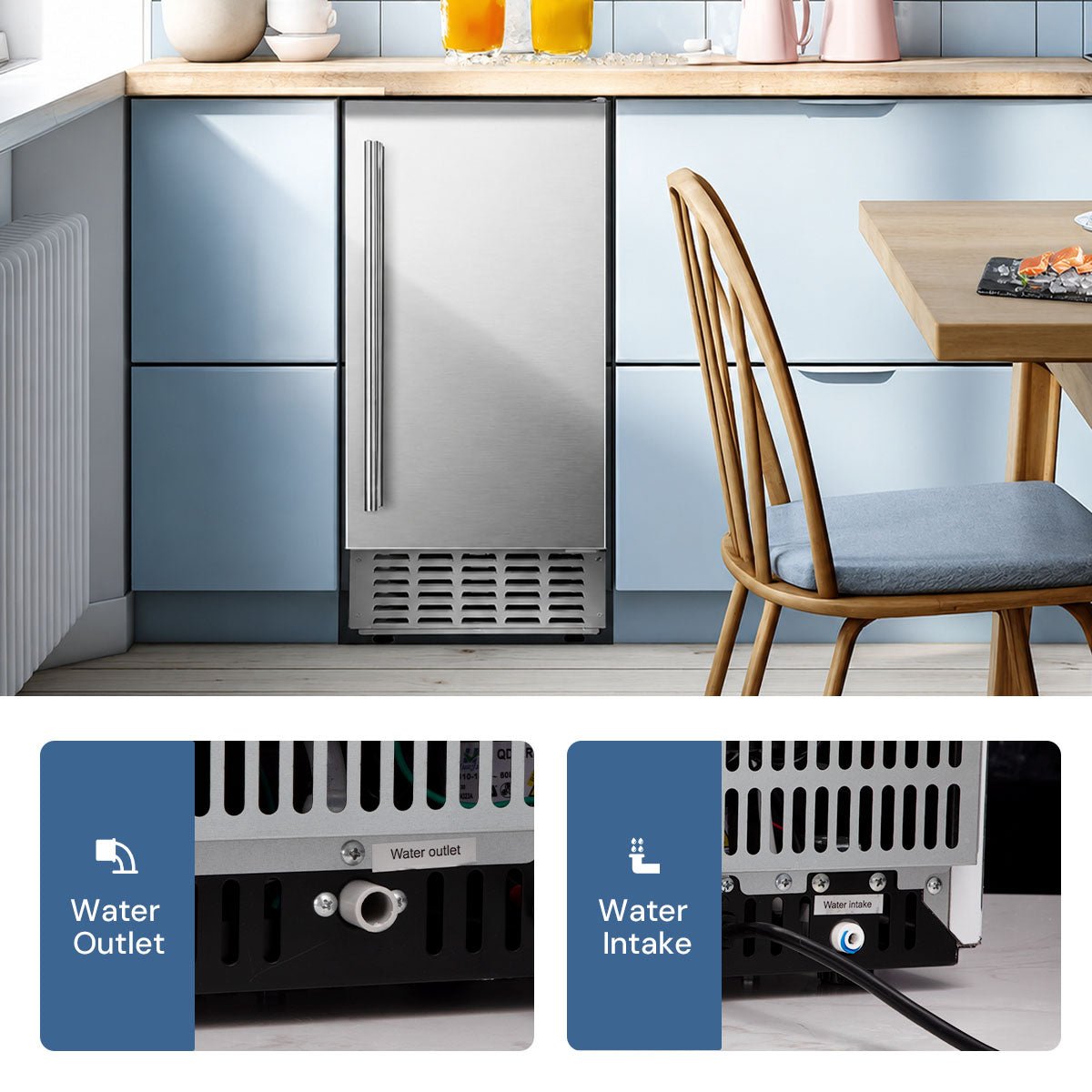 Built-In Ice Maker under-counter by Kismile, stainless steel front in blue kitchen on Tampa Home & Garden Store