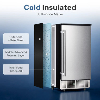 Kismile Built-In Ice Maker Under-Counter Z5836 80 Lb, stainless front; insulation layers shown on Tampa Home & Garden Store