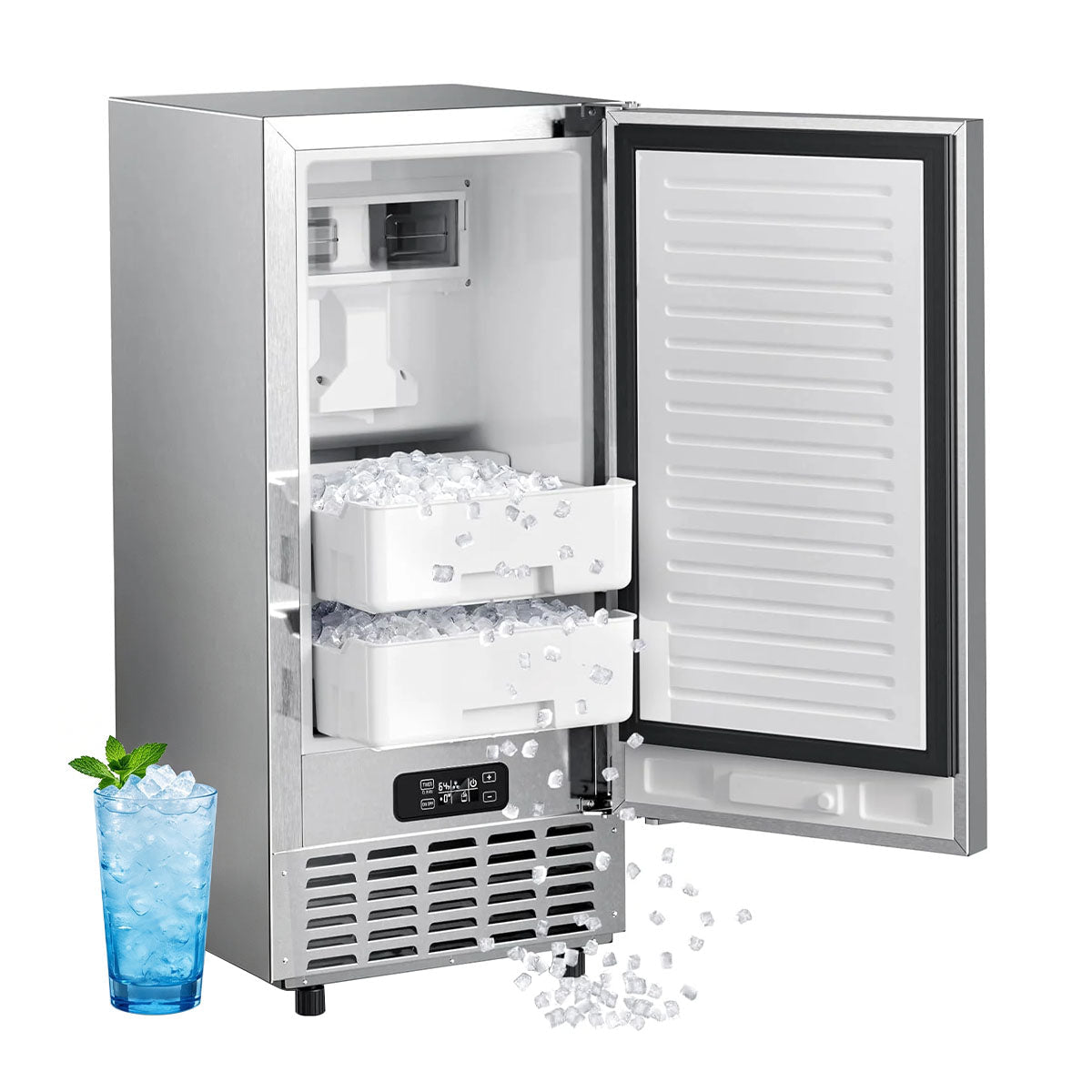 Kismile Nugget Ice Maker, stainless steel under-counter with 2 white ice bins on Tampa Home & Garden Store