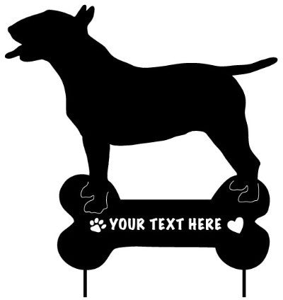 Bull Terrier garden stake by Rustica Ornamentals with customizable bone plaque on Tampa Home & Garden Store