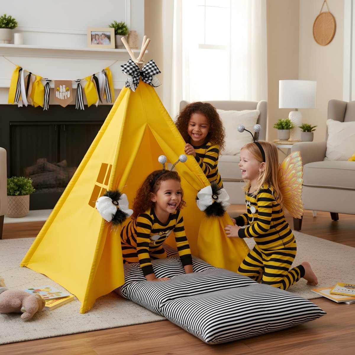Bumble Bee Tent Gift Set play set with bright yellow teepee and kids in bee-striped outfits on Tampa Home & Garden Store