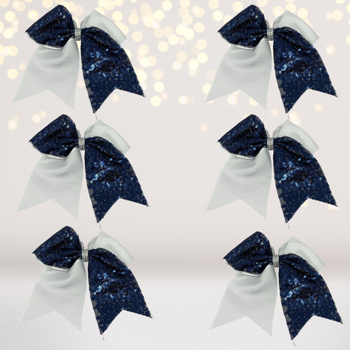 Sequin Cheer Bow 6-pack navy blue with silver ribbon alligator clips on Tampa Home & Garden Store