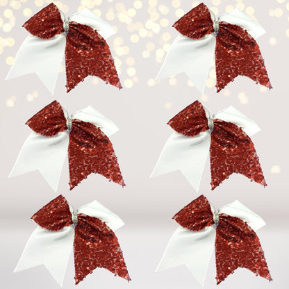 Sequin Cheer Bow 6-Pack 6.5-inch red sequin bow with white satin tails on alligator clips on Tampa Home & Garden Store