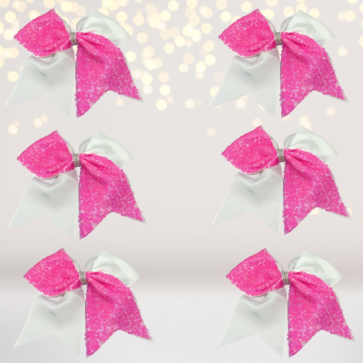 Sequin Cheer Bow hair clips, 6pk, 6.5-inch pink sequin bows with silver ribbon, alligator clips on Tampa Home & Garden Store