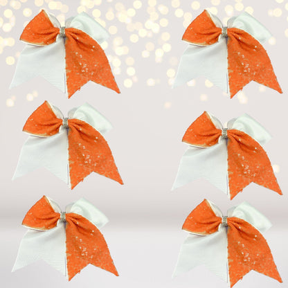 Sequin Cheer Bow 6-Pack hair bows on alligator clips, orange sequins with blue tails on Tampa Home & Garden Store