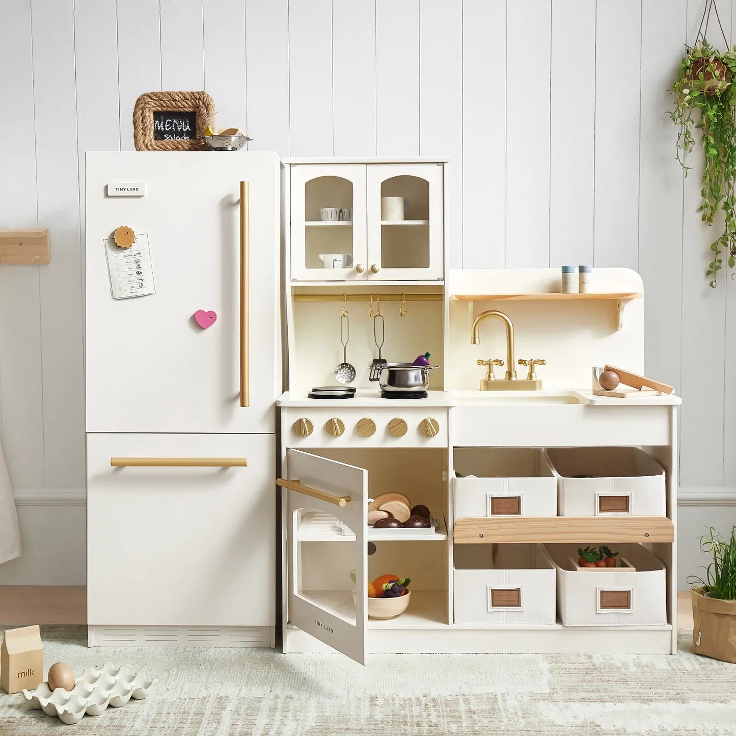 Tiny Land Play Kitchen Fridge, white wooden cabinet with gold hardware by Tiny Land INC on Tampa Home & Garden Store