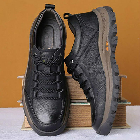 Stevvex black leather men's lace-up sneakers with rugged platform sole pair on Tampa Home & Garden Store