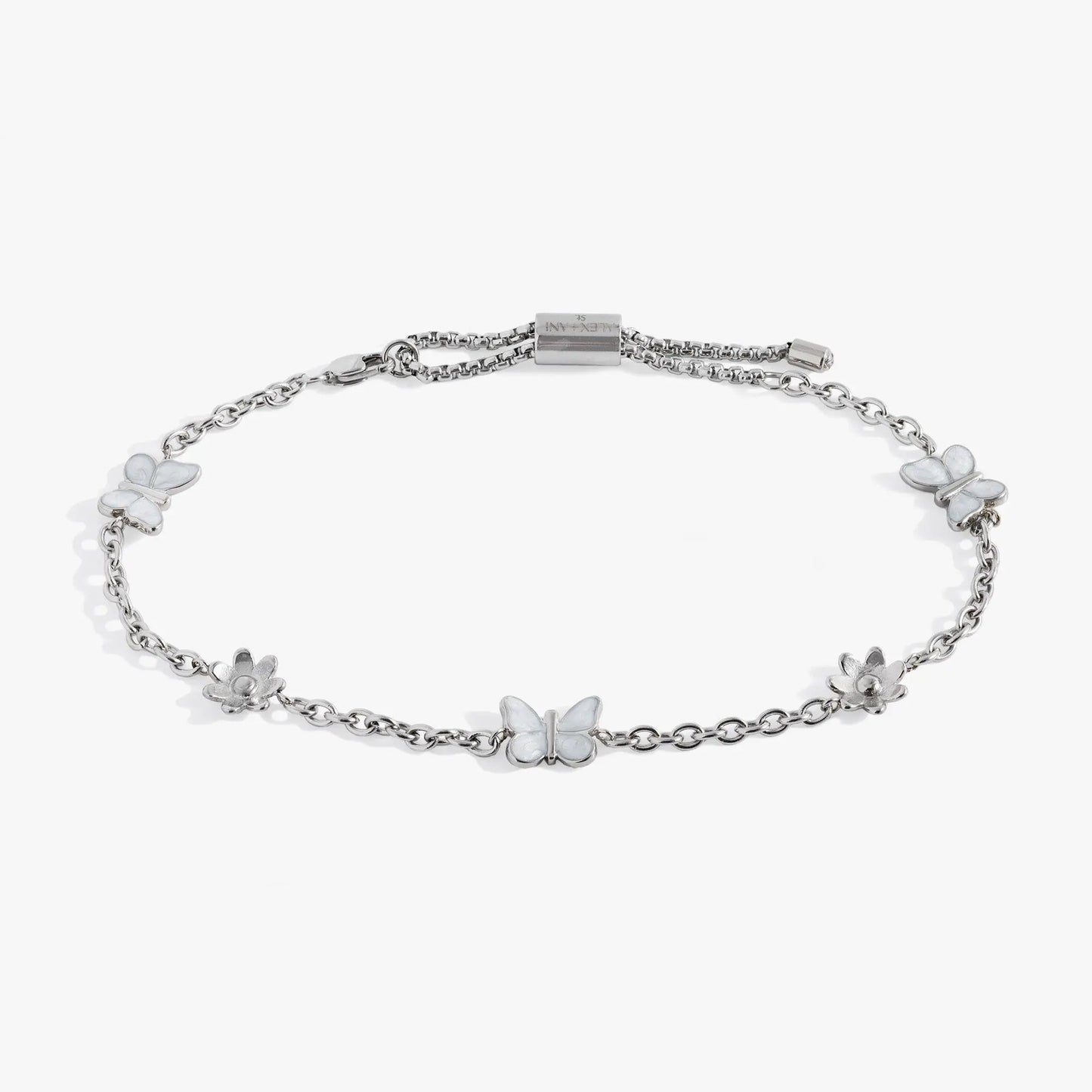 Butterfly and Flower Anklet by ALEX AND ANI, silver-tone chain with butterfly and flower charms on Tampa Home & Garden Store