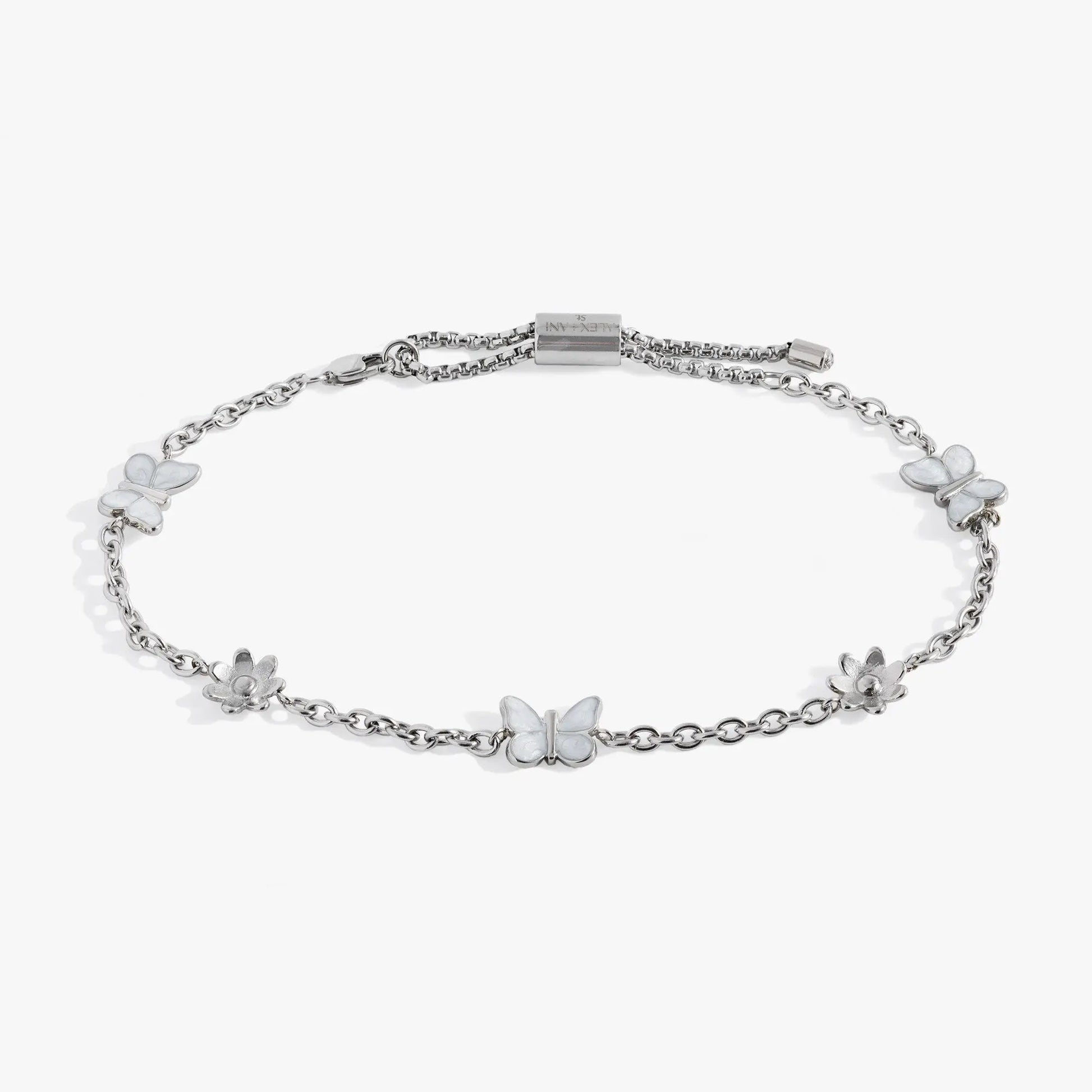 Butterfly and Flower Anklet by ALEX AND ANI, silver-tone chain with butterfly and flower charms on Tampa Home & Garden Store