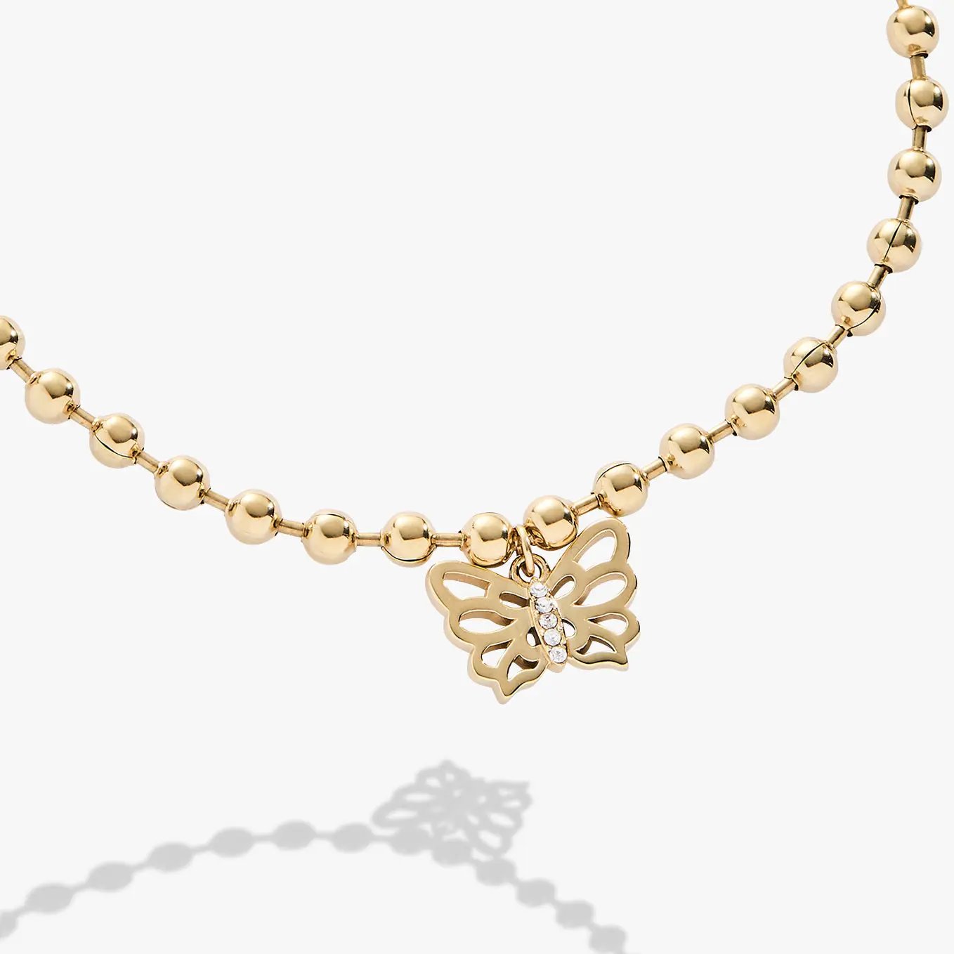 Butterfly Ball Chain Bracelet by ALEX AND ANI, gold-tone with crystal butterfly charm on Tampa Home & Garden Store