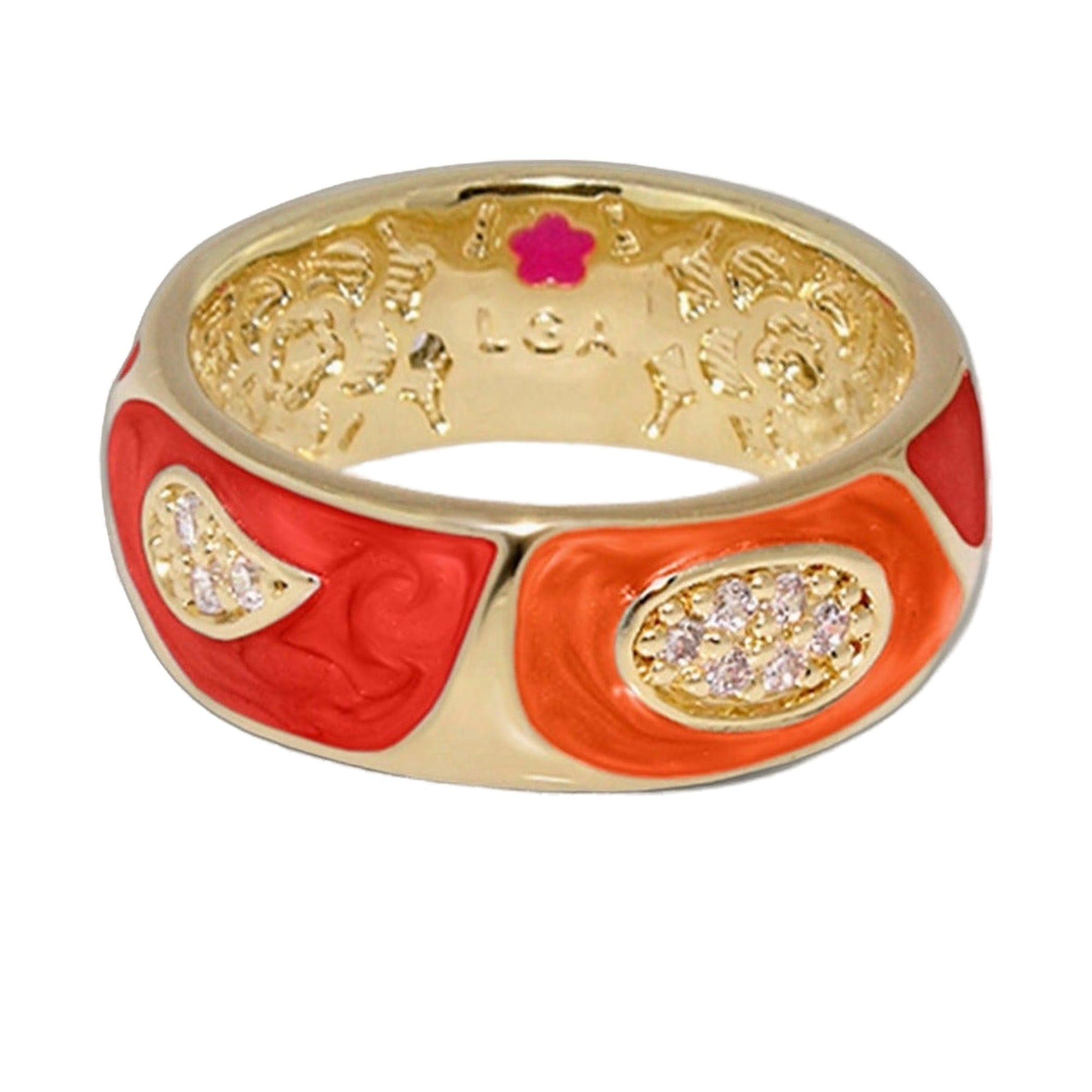 Butterfly World Band Ring by Lauren G Adams, red enamel band with pavé leaf accents on Tampa Home & Garden Store