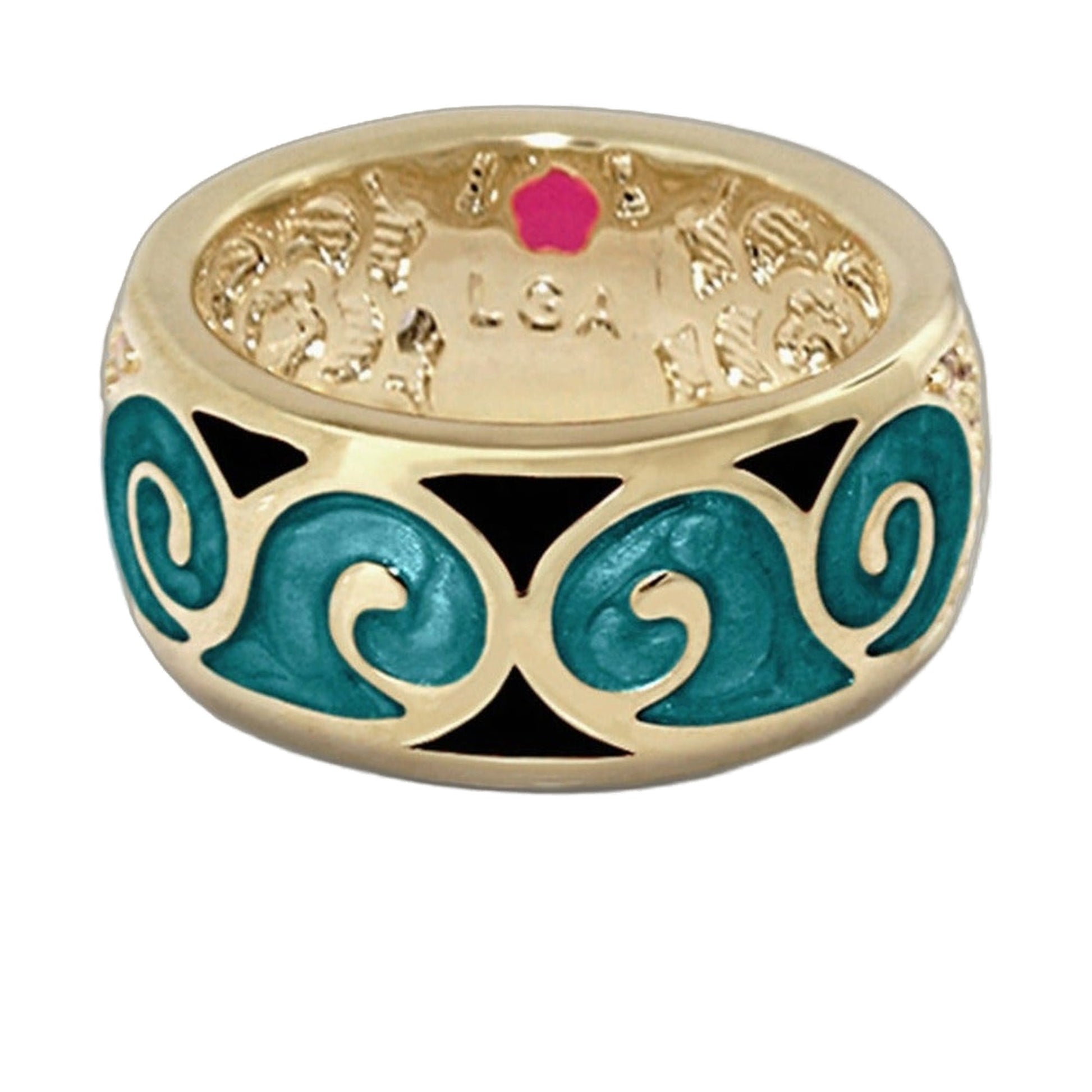 Butterfly World Band Ring Swirl teal enamel on gold-toned band with ornate scrollwork on Tampa Home & Garden Store