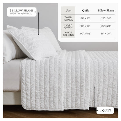 Crisp White Floral Embossed Quilt Set Reversible
