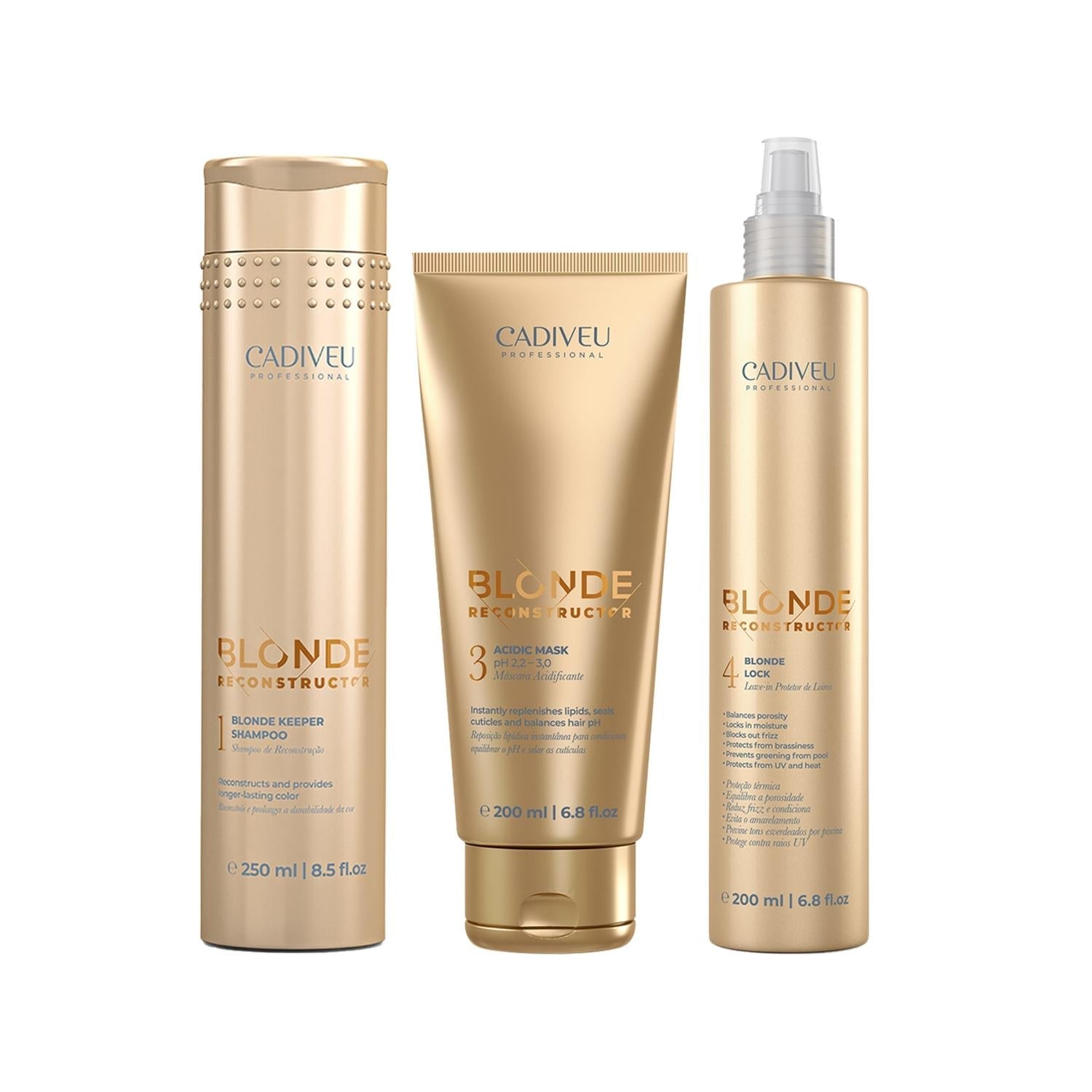 Cadiveu Blonde Reconstructor Home Care Set for Bleached Hair, 3-piece gold bottles on Tampa Home & Garden Store