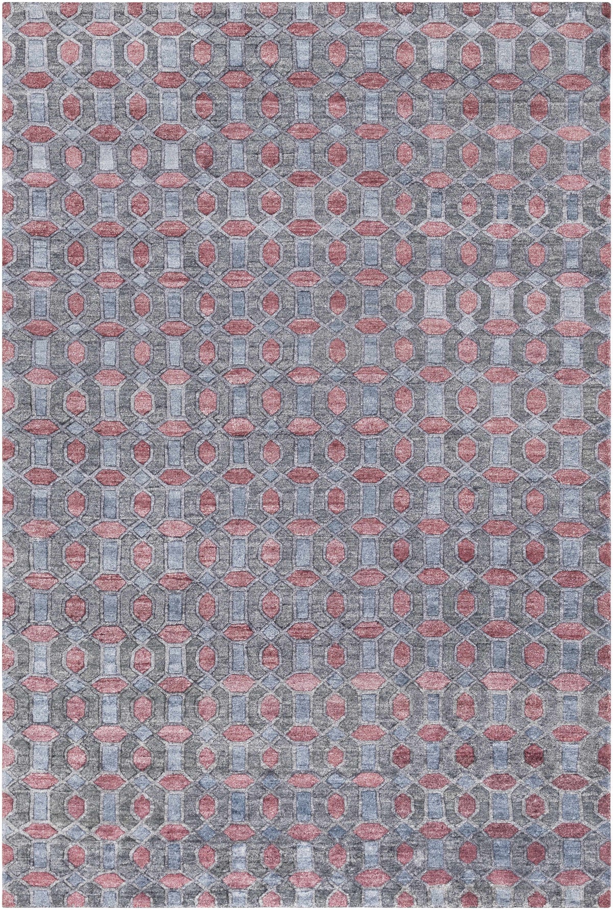 Byfield Carpet rug by Boutique Rugs with a lattice pattern of pink ovals on gray-blue field on Tampa Home & Garden Store