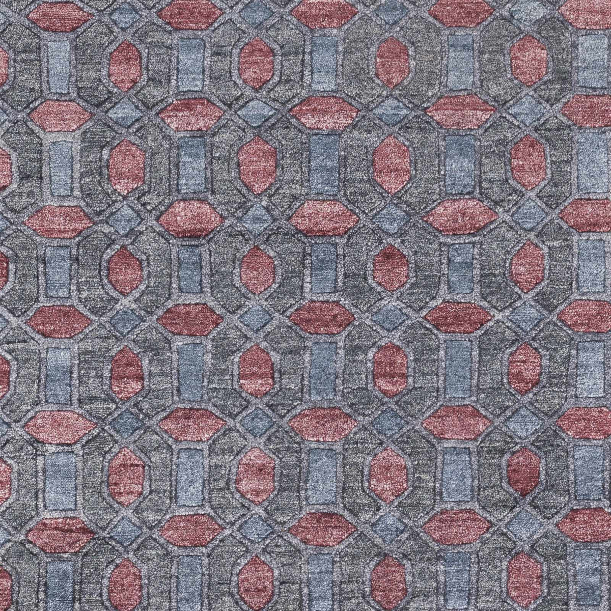 Byfield Carpet rug by Boutique Rugs with red oval motifs on gray-blue geometric lattice on Tampa Home & Garden Store