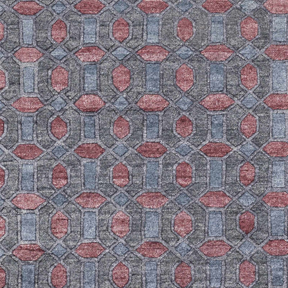 Byfield Carpet rug by Boutique Rugs with red oval motifs on gray-blue geometric lattice on Tampa Home & Garden Store