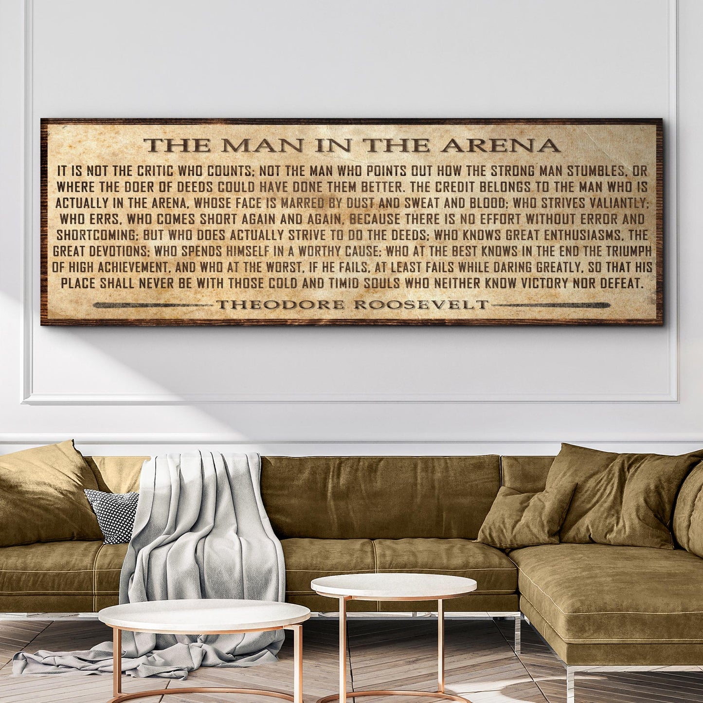 The Man In The Arena Sign V canvas by Tailored Canvases, framed wall art over sofa on Tampa Home & Garden Store