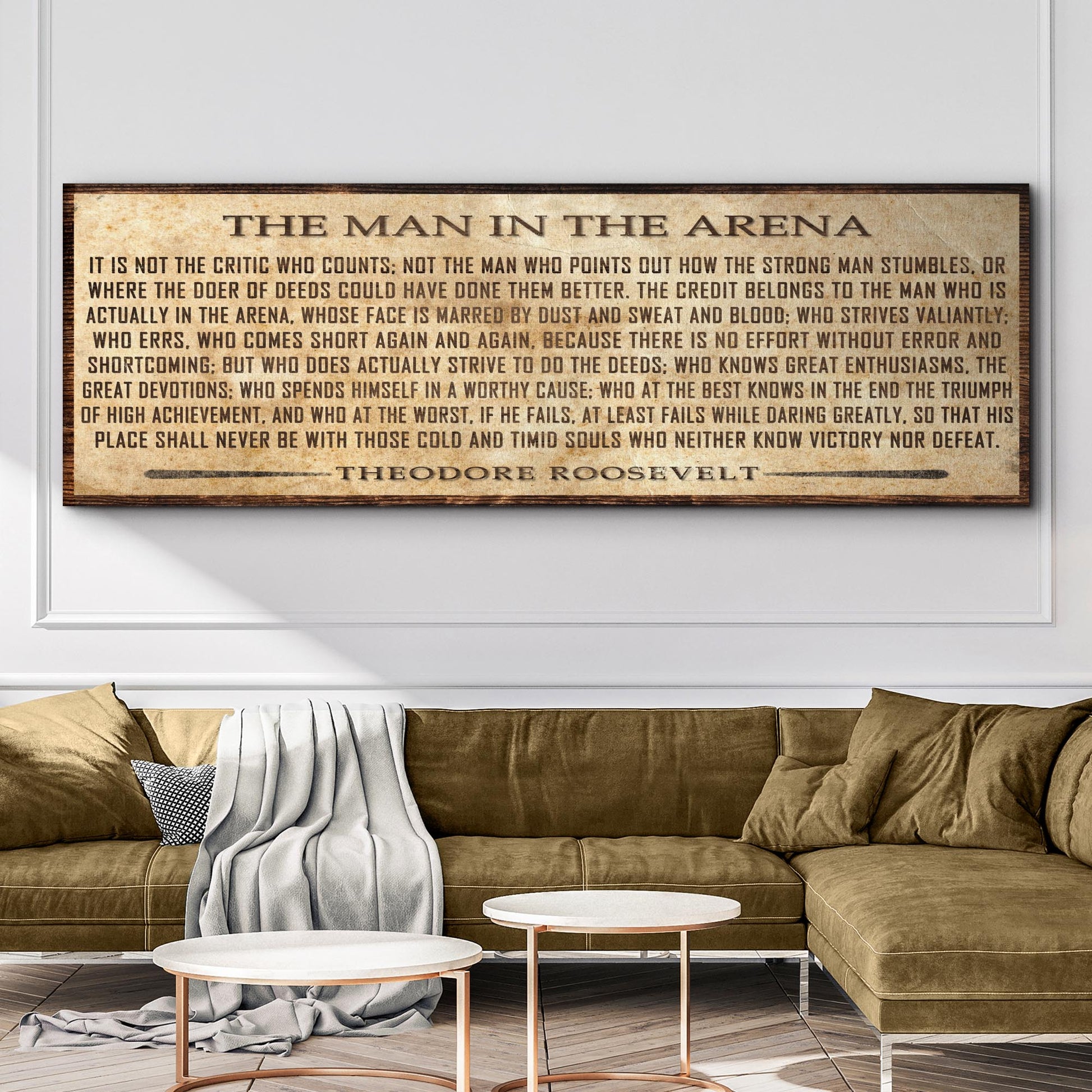 The Man In The Arena Sign V canvas by Tailored Canvases, framed wall art over sofa on Tampa Home & Garden Store
